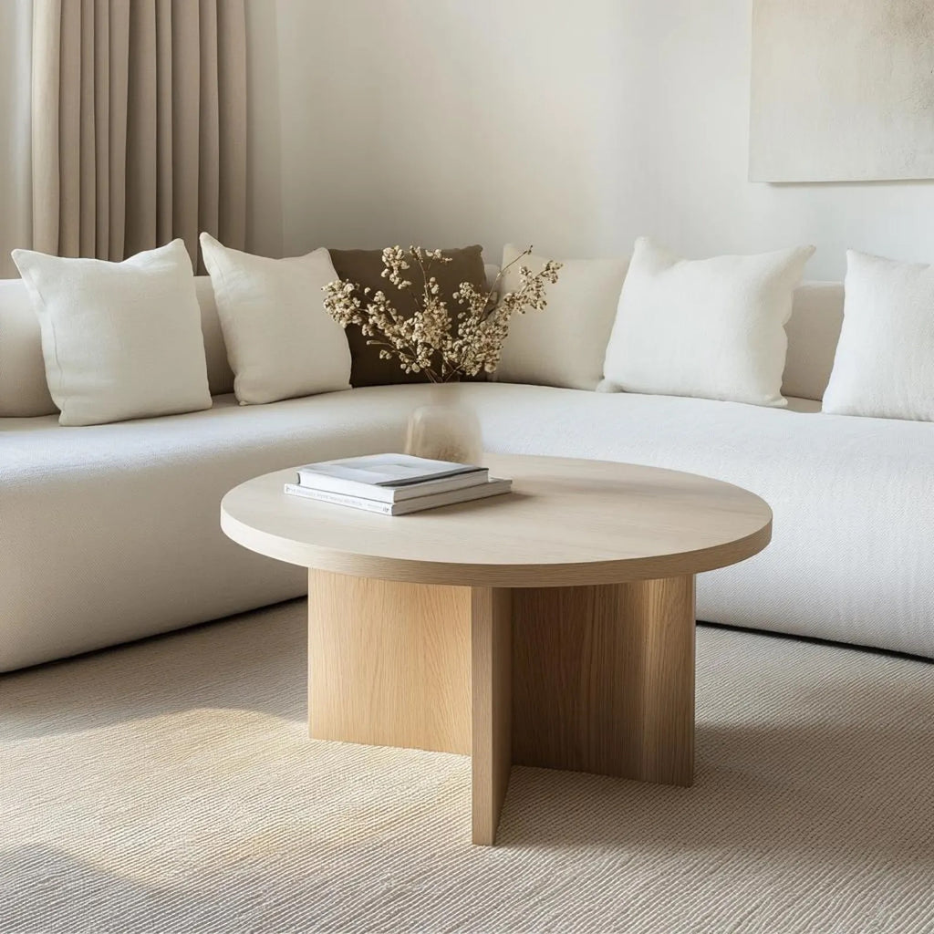 Premium handcrafted white oak coffee table, placed in a cozy yet modern living space with neutral walls, soft textiles, and a refined color palette.