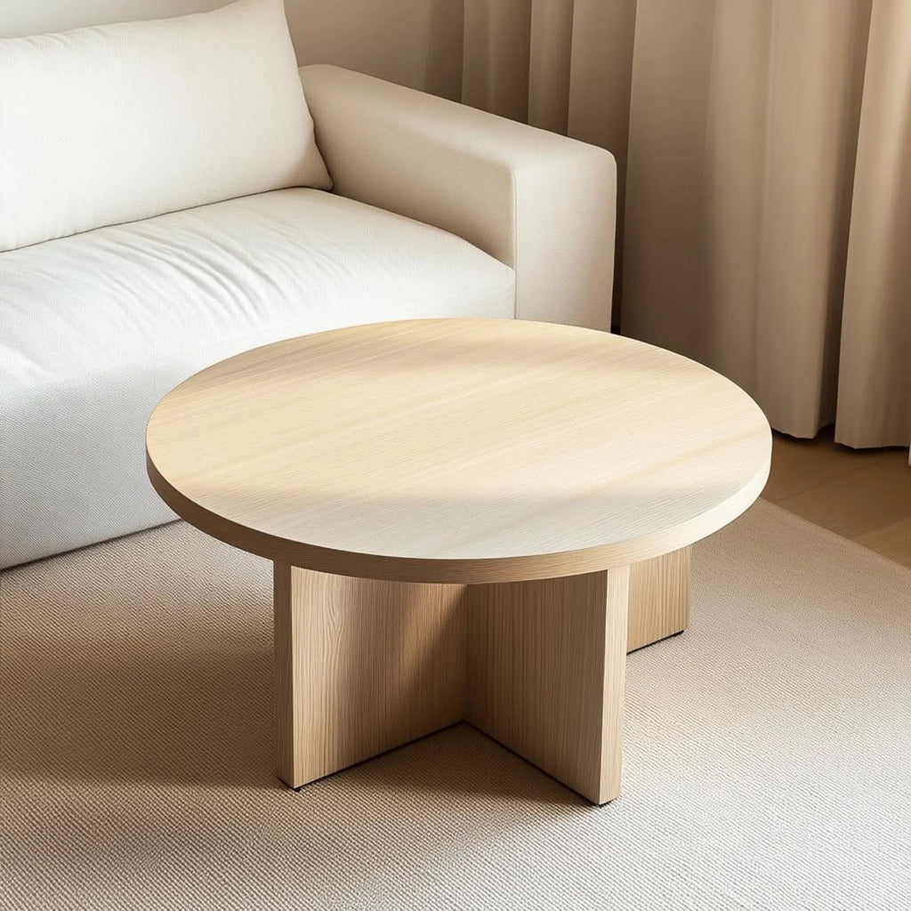 Luxury round white oak coffee table with a sleek and durable build, seamlessly fitting into a modern open-concept living room with natural light