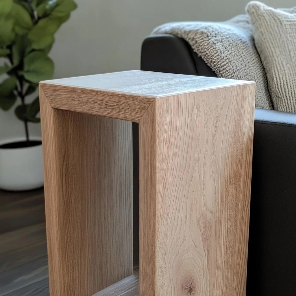Custom solid white oak side table with a seamless waterfall edge