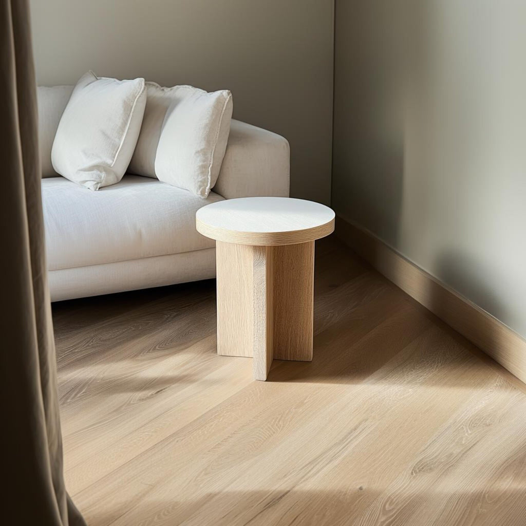 Stylish round white oak side table for modern and rustic decor