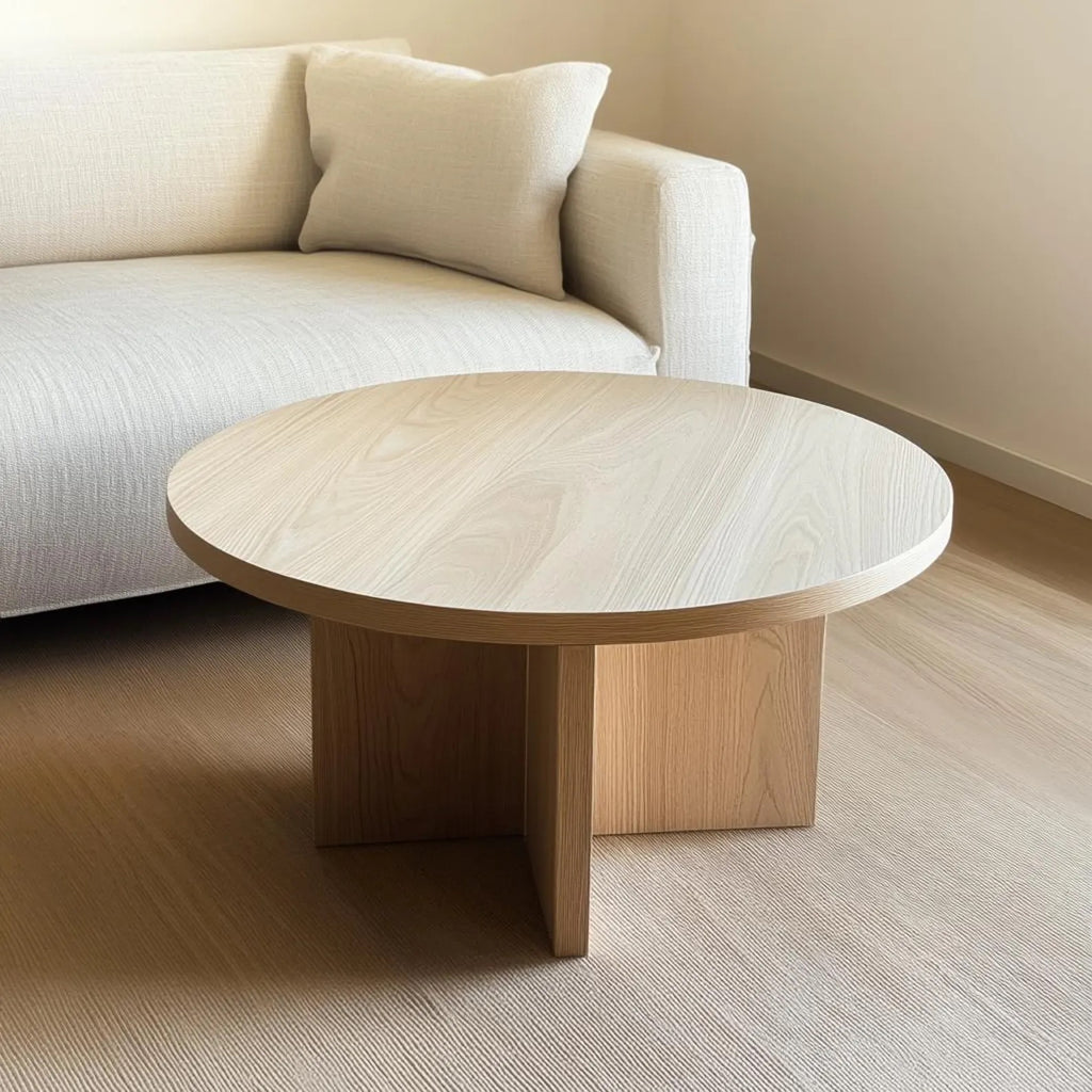 Handcrafted round white oak coffee table with a smooth minimalist design, placed in a modern living room with neutral tones and elegant decor.