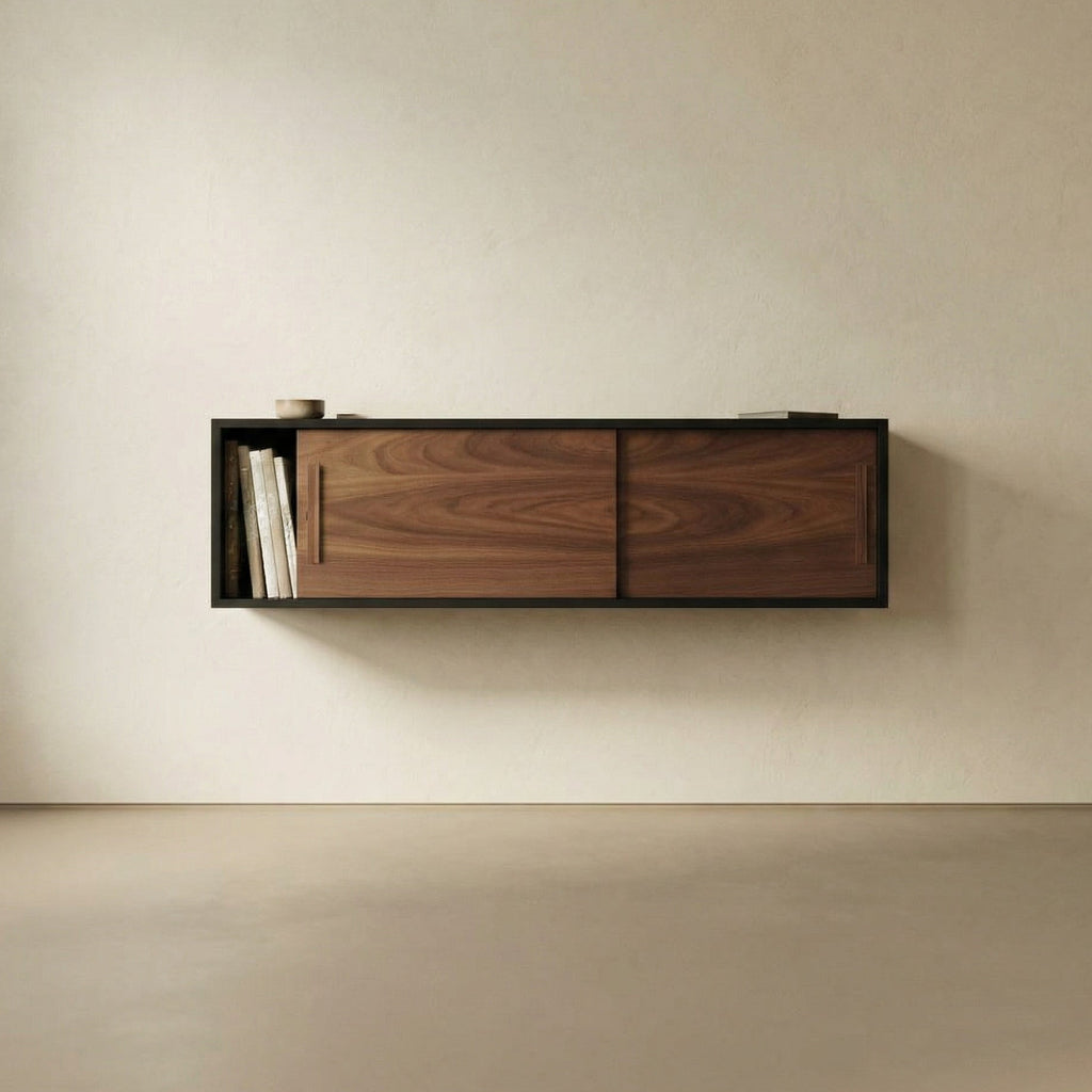 Wooden shelf with two drawers against a beige wall