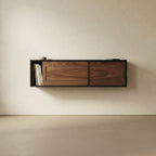 Wooden shelf with two drawers against a beige wall