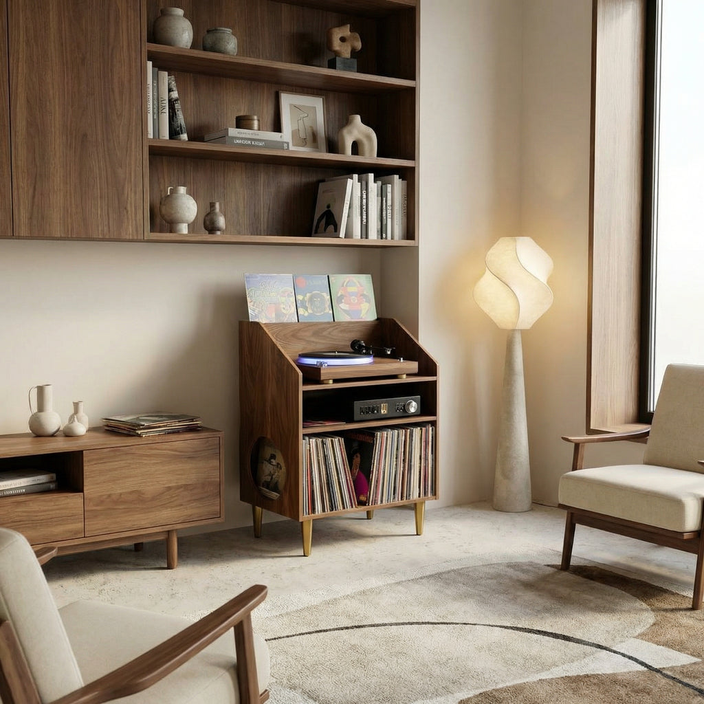 Modern living room with wooden furniture, bookshelf, and floor lamp.