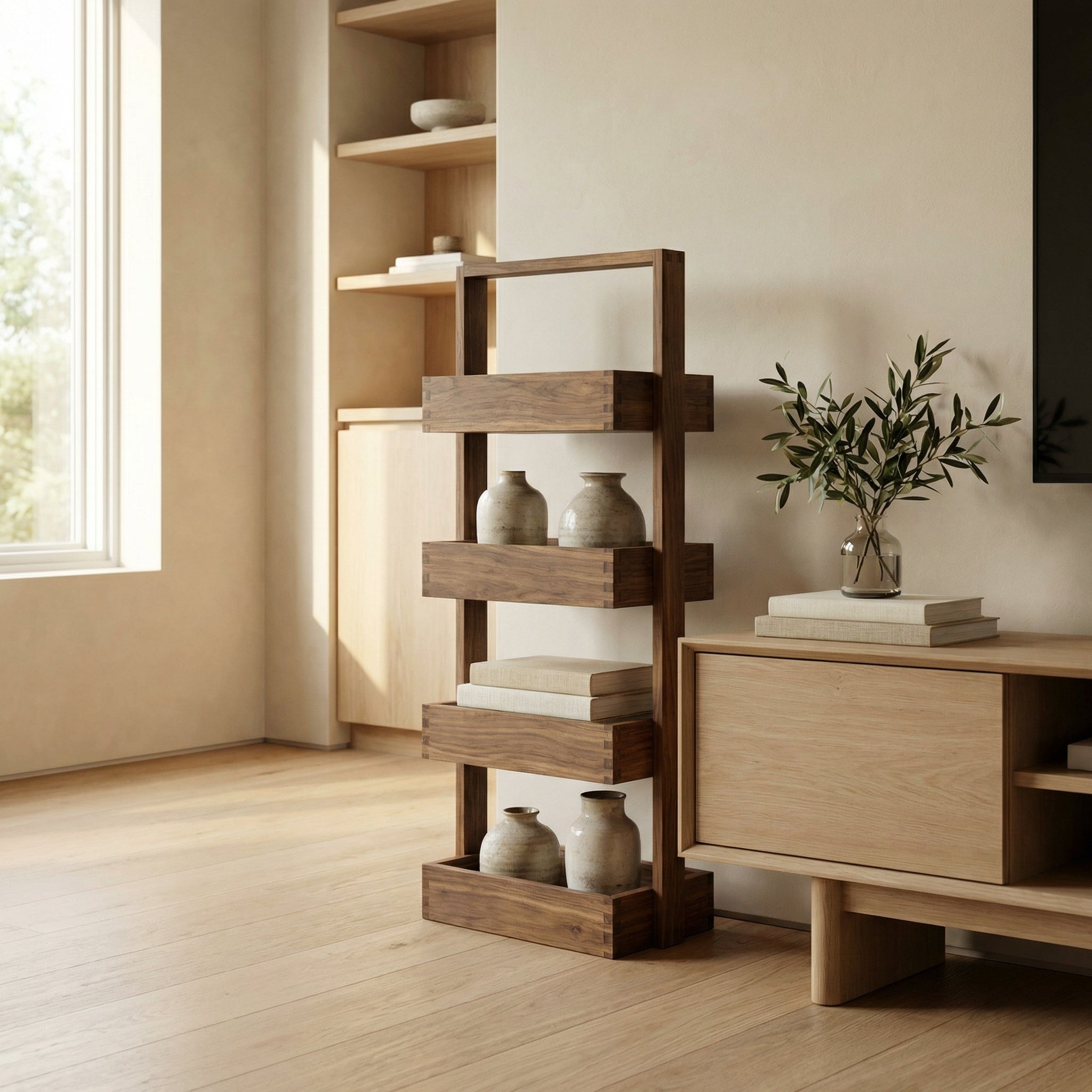 Wooden shelf with decorative items in a modern room