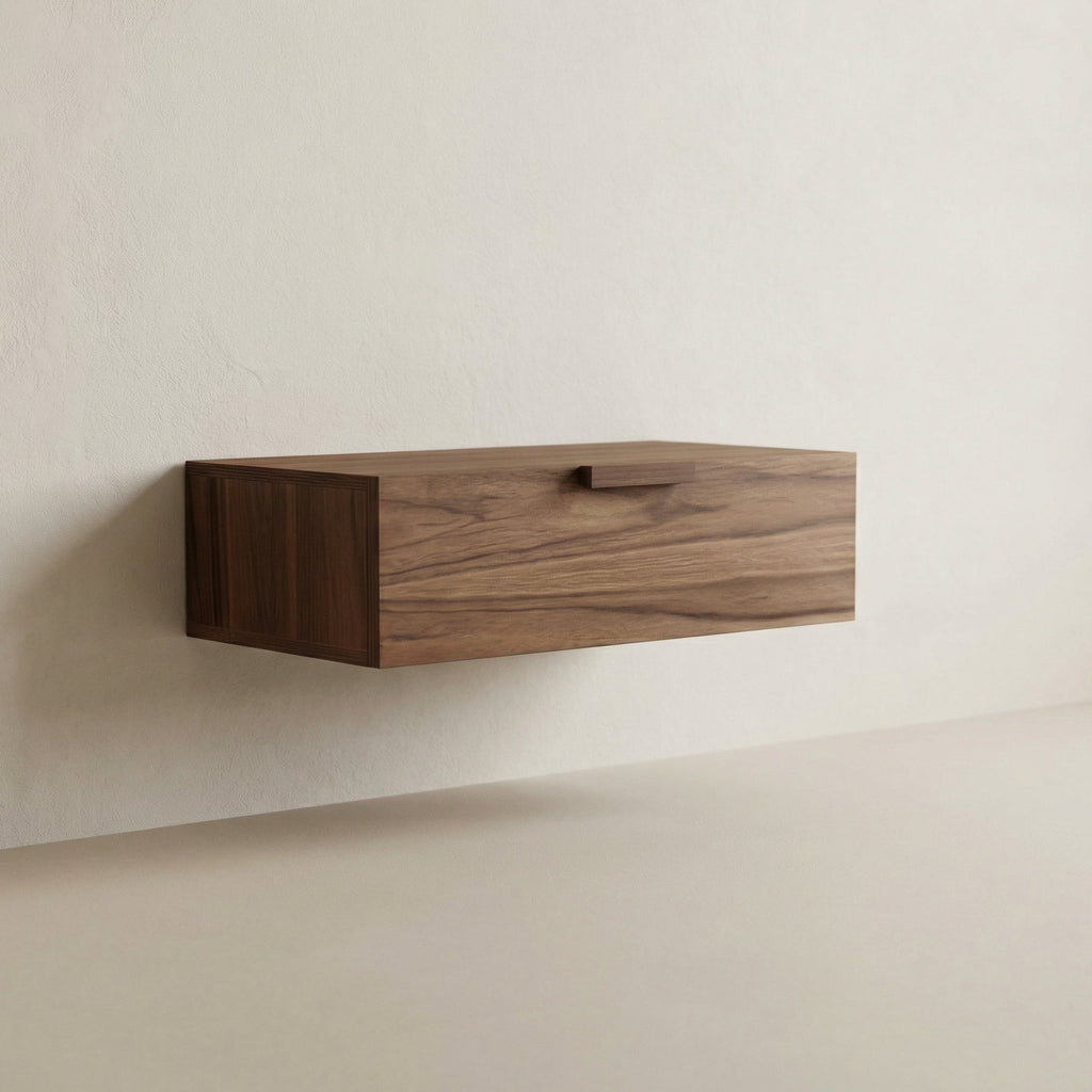 Wooden shelf mounted on a plain wall