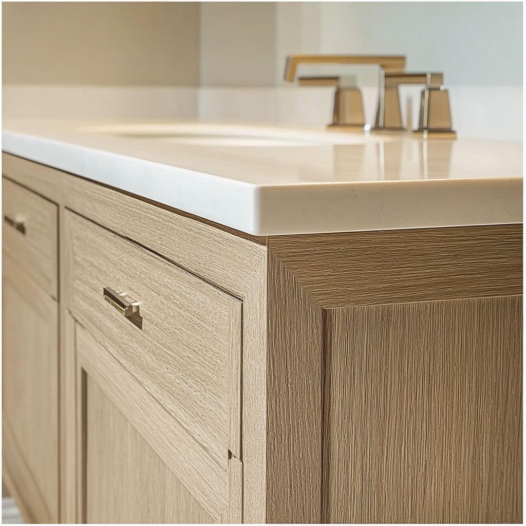 Modern 60-inch white oak vanity with two undermount sinks, placed in a stylish bathroom with warm wooden accents and a clean, contemporary aesthetic