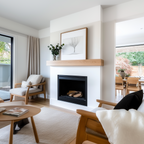 Custom solid white oak fireplace mantel handcrafted from premium hardwood
in modern beautiful luxury home