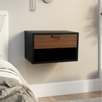 Wall-mounted black and wood nightstand in a bedroom setting