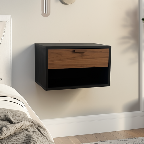 Wall-mounted black and wood nightstand in a bedroom setting