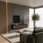 Modern living room with a green sofa, wooden coffee table, and wall-mounted TV.