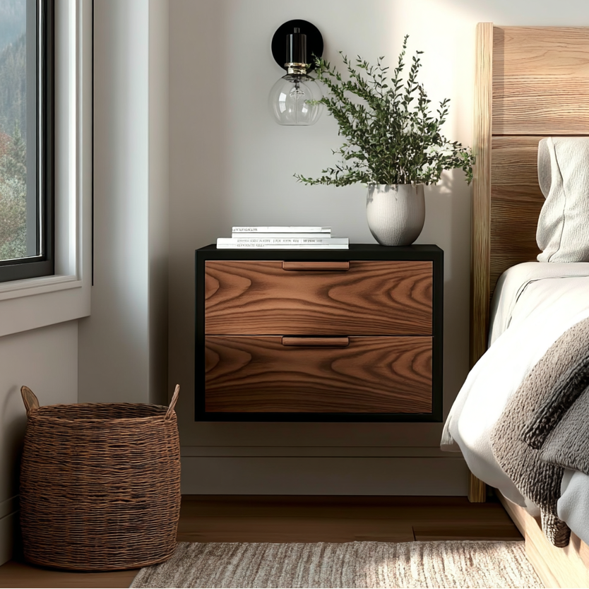 Modern bedroom with wooden nightstand, bed, and decorative elements.
